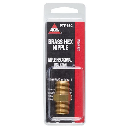 Ags Brass Hex Nipple, 1-7/16 Length, Male (3/8-18 NPT), 1/card PTF-66C